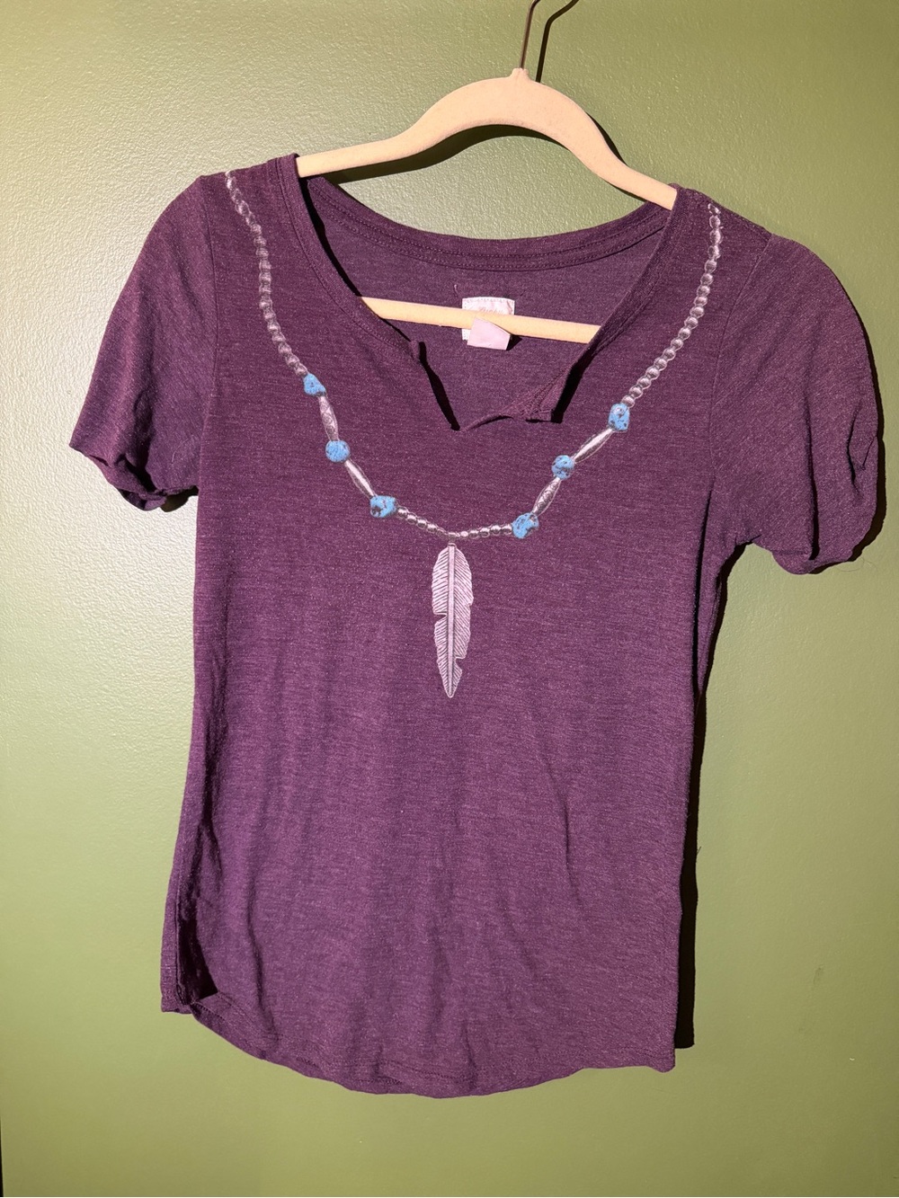 Lucky Brand Purple V-Neck Tee with Feather & Bead Print